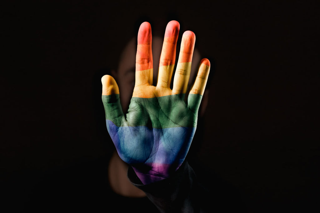 LGBTQ+ intellectually disabled people: photo of a person with the rainbow flag painted on their hand. Their face is hidden in the background.