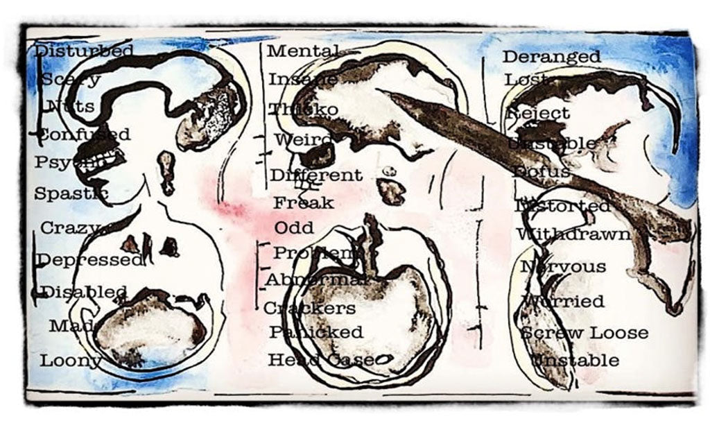 An illustration for the article can drawing help with anxiety and depression: a water-ink 'x-ray' of three head and torsos overwritten with words describing mental illness.