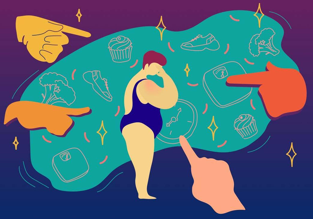 Does fat shaming work: an illustration exploring concept of does fat shaming work. A sad plus size person in swimwear is being mocked by a number of hands , showing her with hands what to eat and how to live.