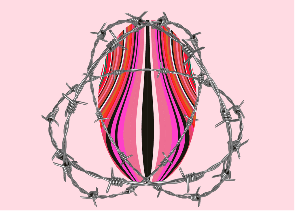 Photo for an article: does vulvodynia last forever? Graphic pink and red illustration of a vagina surrounded by barbed wire against a pink background.