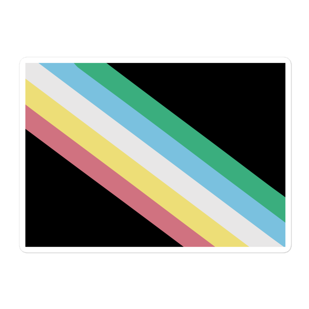 This is an image of an organic disability pride flag. In the middle of the pride flag are five diagonal stripes, surrounded by black, in this order: red, yellow, white, blue, and green (when looking from the bottom up).