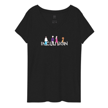 This is a photo of a black recycled inclusion V-neck against a plain background. The white inclusion t-shirt has a big, bold graphic message on the front: "INCLUSION." The word INCLUSION is printed in large upper case type in the colors of the rainbow. Four diverse disabled people are incorporated into the word.