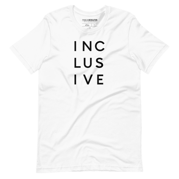 This image is a photo of a white inclusive t-shirt set against a transparent background. This cotton inclusive shirt has the word 'inclusive' in the middle of the chest in upper case black letters over three lines, with three letters on each line: INC LUS IVE. The design takes up the top middle 1/3 of the front of the inclusive t-shirt.