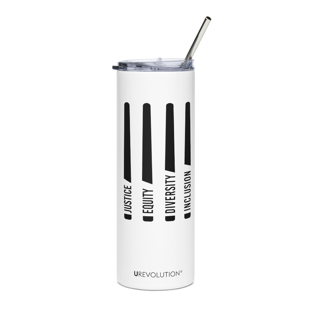 Justice Equity Diversity Inclusion Stainless Steel Travel Mug. The mug has a stainless steel straw and plastic lid. Four black swords are in the middle of the front of the mug. One word at the bottom of each blade represents the sword handle: Justice Equity Diversity Inclusion.