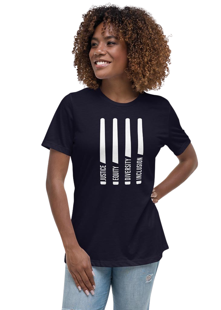 A navy-colored J.E.D.I justice equity diversity inclusion relaxed tee with four stylized horizontal white "JEDI" like laser swords. In each sword handle, one word is embedded: justice, equity, diversity, and inclusion in white upper case letters. Under the four swords is the acronym J.E.D.I in bold upper case letters. The justice equity shirt is worn by a Black model.