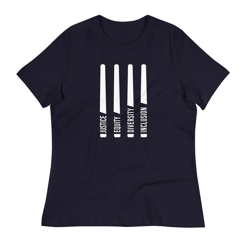 A navy-colored J.E.D.I justice equity diversity inclusion relaxed tee with four stylized horizontal white "JEDI" like laser swords. In each sword handle, one word is embedded: justice, equity, diversity, and inclusion in white upper case letters. 