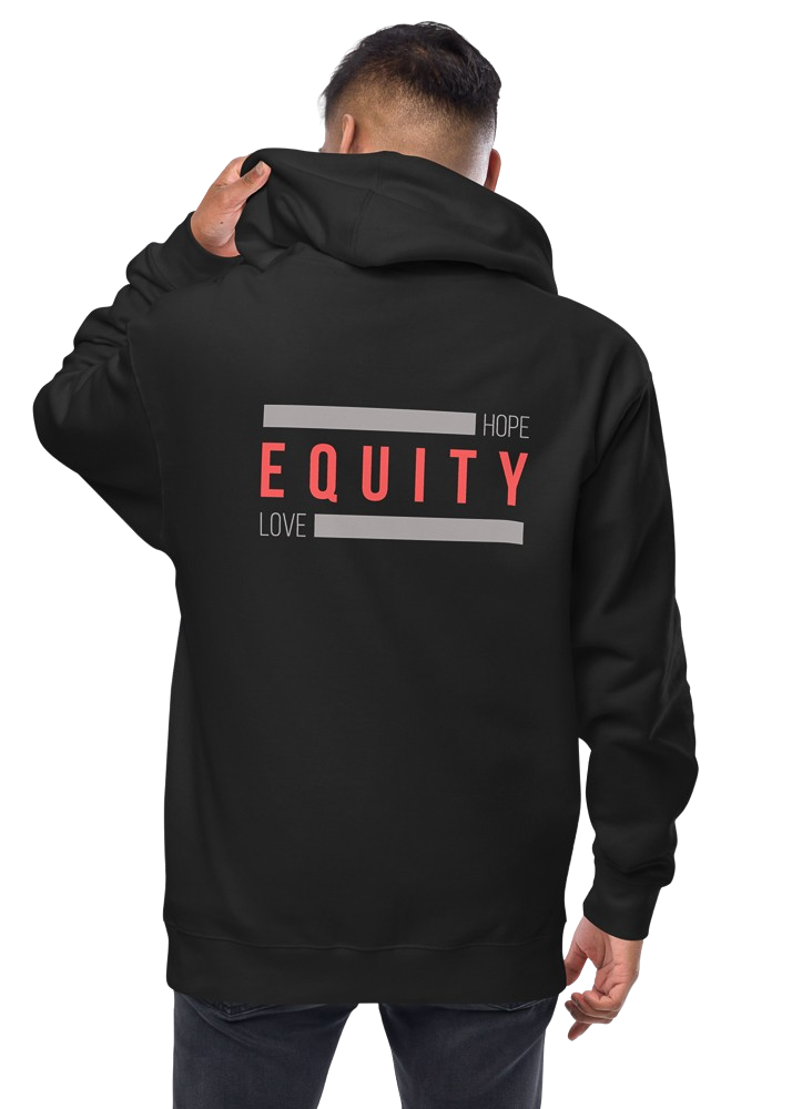 A black unisex Equity zip up hoodie. In the middle of the back of the hoodie, between the shoulders, is the word 'Equity' in upper case red letters. Above and below the word are two thick grey rectangle blocks with the word HOPE printed on the top right-hand side and the word LOVE on the bottom left side of the block. The hoodie is worn by a male model.