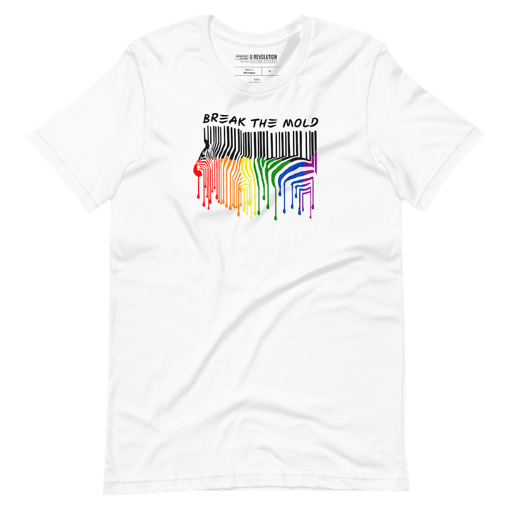 This is a photo of a Break the Mold t-shirt. In the middle of the t-shirt is a graphic of zebra in the silhouette of a barcode. The top half of the zebra are vertical black stripes, which then change just below the back into the colors of the rainbow. The bottom of each stripe has a paint drip mark. Just above the zebra's back is the phrase, in upper case, 'break the mold.' 