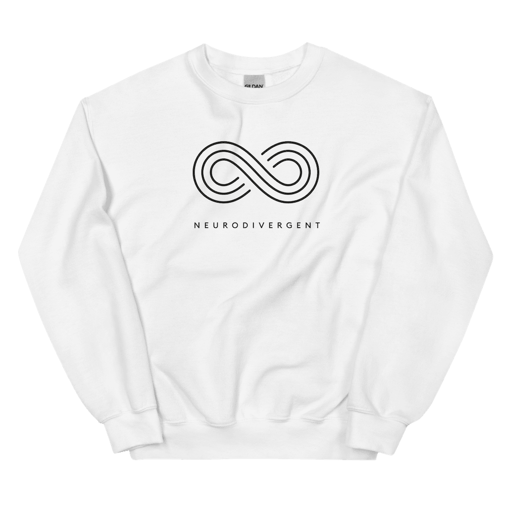 This is a photo of a white neurodivergent sweatshirt. In the top middle third of the sweatshirt is an elegant black infinity symbol consisting of three thin black lines. Just below the symbol is the word Neurodivergent in elegant upper case black letters.