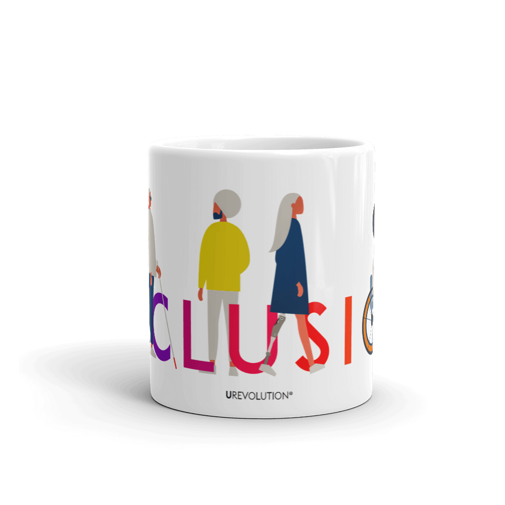 A disability inclusion mug with URevolution's Inclusion icon on the side: the word INCLUSION is written in all caps in rainbow colors. Among the letters are four characters: one plus-sized person with glasses and a cane, one person with one arm wearing a turban, one person with long hair and a prosthetic leg, and one person with an afro, seated in a wheelchair.
