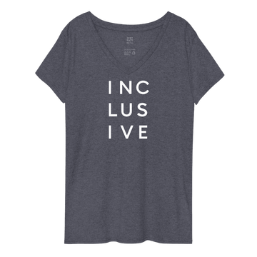 This is a photo of a heathered navy Eco-Friendly Inclusive V-neck tee. The inclusive v-neck tee has the word 'inclusive' in the middle of the chest in white upper case letters over 3 lines, with 3 letters on each line.