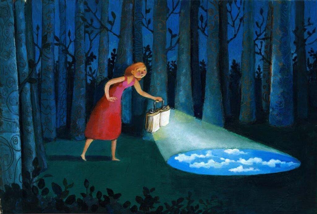 A surreal illustration about memoirs about mental illness. A person is holding a lamp in a dark forest. The lamp is in the shape of the book and when cast on the forest floor it reveals a blue sky.