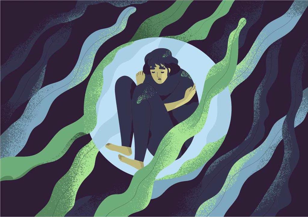 Surviving Covid19 with IBS - Graphic illustration of a person with chest huddled to their knees sitting in a blue bubble.