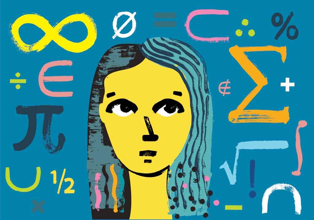 Illustration of a woman's face living with cerebral palsy at university surrounded by mathematical symbols.