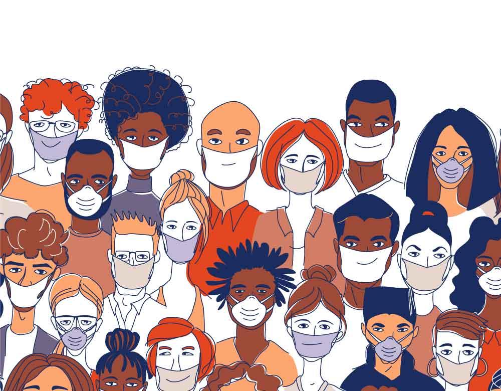 Photo for article on people with intellectual disabilities and coronavirus: Graphic illustration of several people wearing masks.