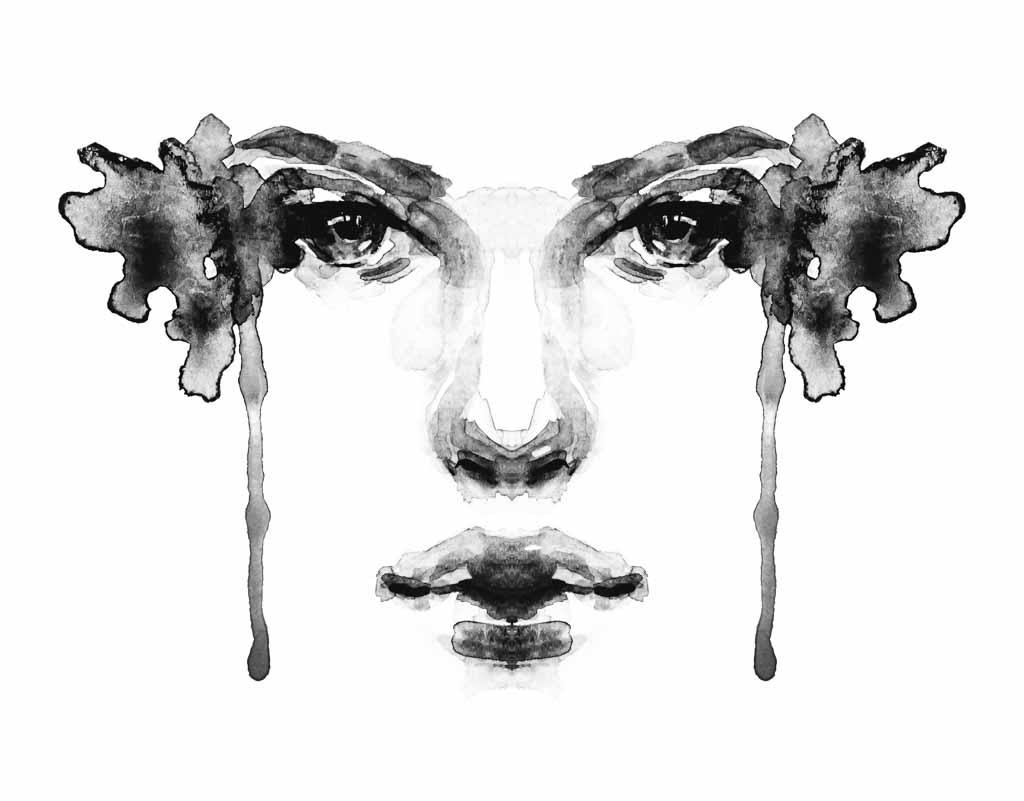 A splatter watercolor face of a person's face on a white background reminiscent of a Rorschach test. Image for an article: is mental health diagnosis more helpful or harmful?