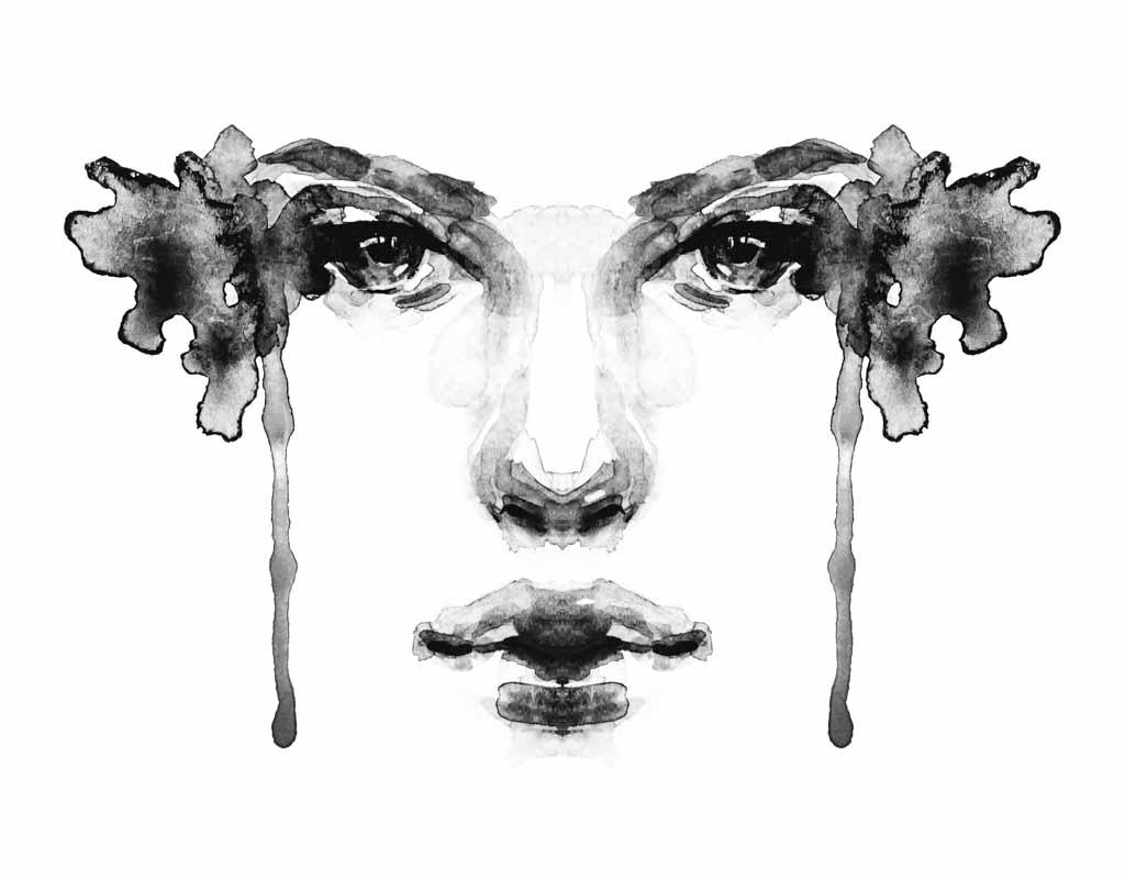 A splatter watercolor face of a person's face on a white background reminiscent of a Rorschach test. Image for an article: is mental health diagnosis more helpful or harmful?