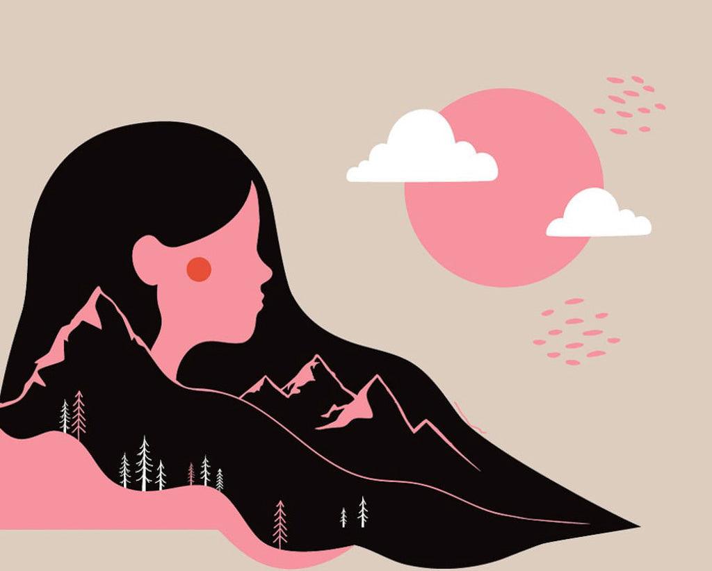 Mental illness recovery stories: a graphic illustration of a person whose hair forms a singular shape with mountains and pine trees. A pink moon with white clouds is to their right.
