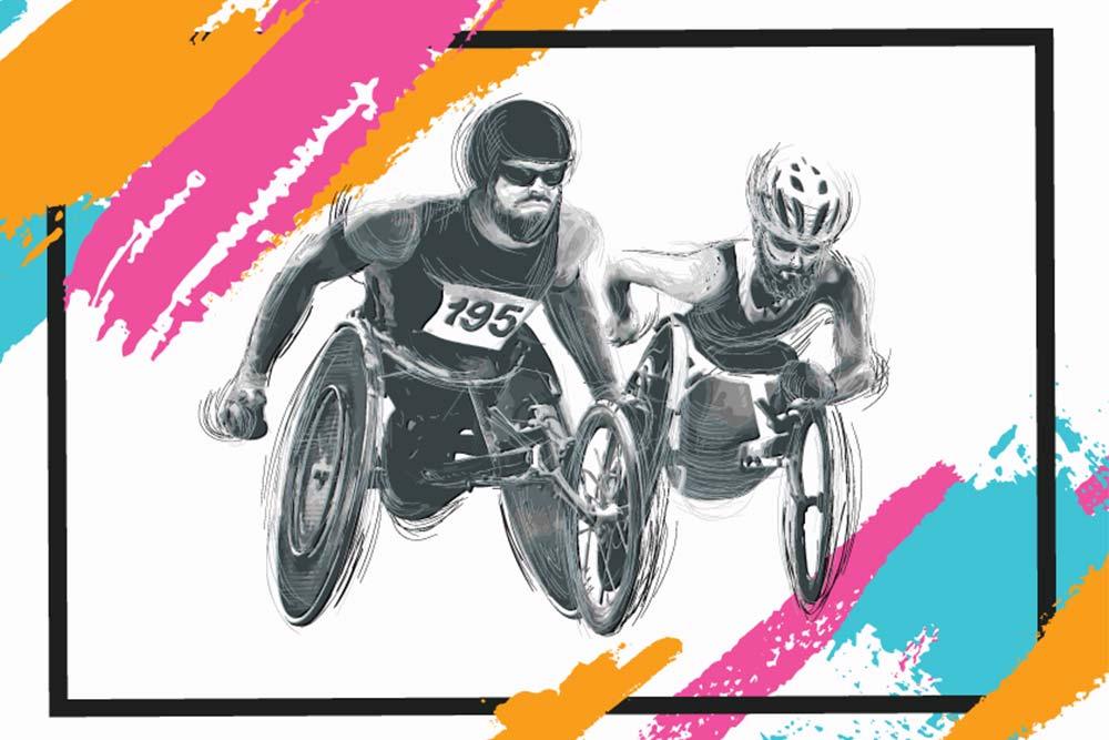 Photo for article on Paralympic Games. Graphic illustration of two people seated in wheelchairs racing alongside each other. The sketch is in black and white and there are colorful splash details framing the illustration.