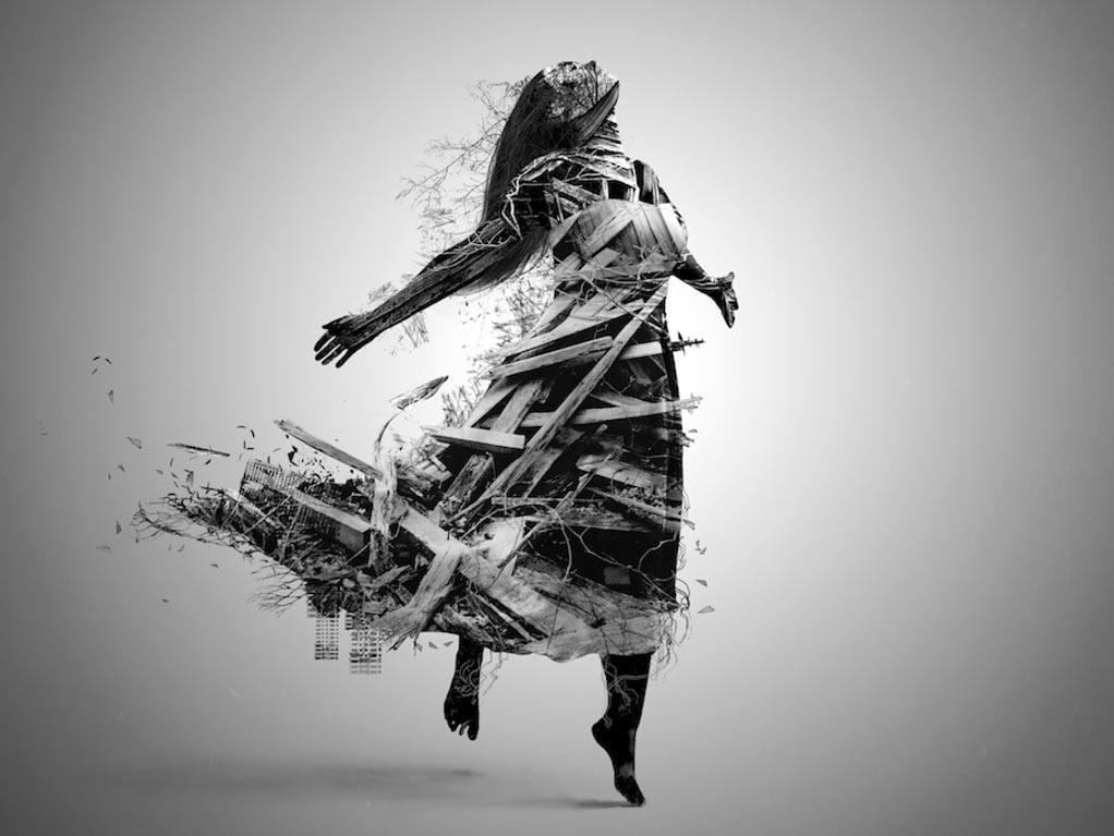 Image for article: I am an oxymoron: sex with little inhibition. A woman's body is full of broken pieces of wood and weeds. She looks upward with her arms open.