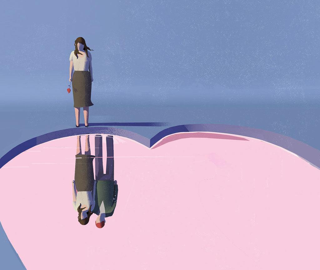 Losing a loved one from Alzheimer’s Disease: an illustration of a woman staring into a pink pool of water which is the shape of a heart. 