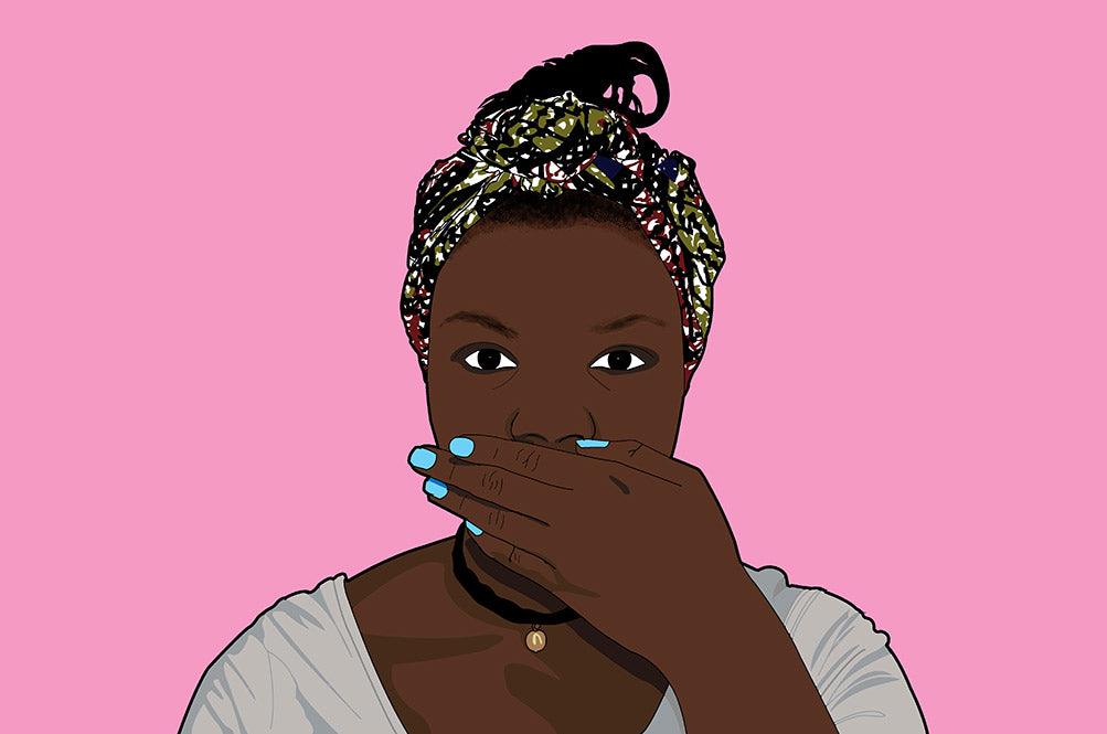 Institutional racism in mental health care: pop graphic of black femme wearing a colorful head wrap. Her hands are covering her mouth as if she is being silenced.