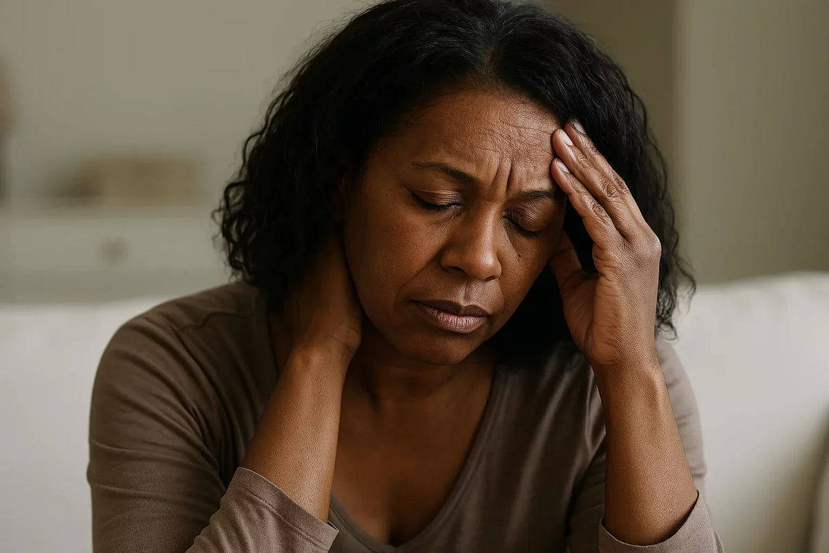 A day in the life of a fibromyalgia sufferer—Black woman with tired expression sitting quietly, reflecting fatigue from chronic illness