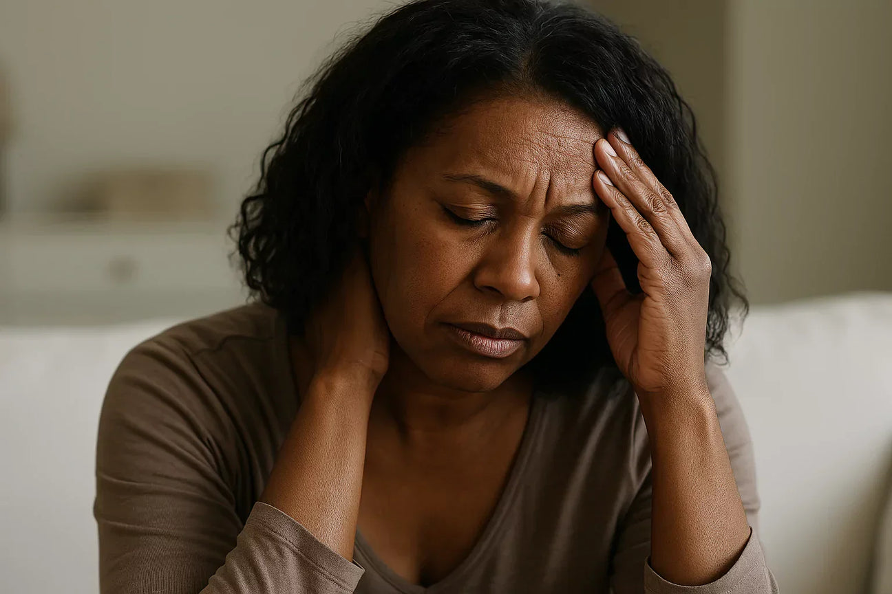 A day in the life of a fibromyalgia sufferer—Black woman with tired expression sitting quietly, reflecting fatigue from chronic illness