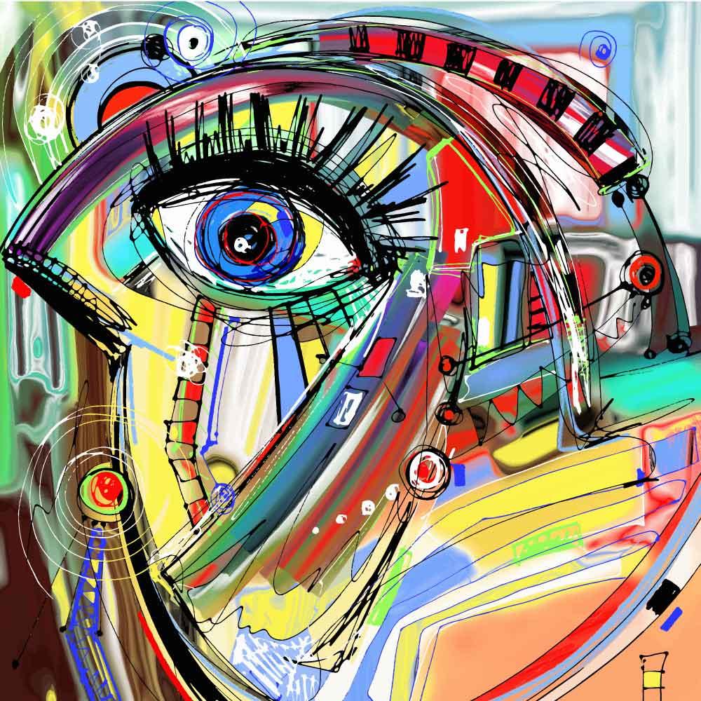 Graphic abstract illustration of a large single eye. Image for an article on what happens after bilateral retinoblastoma treatment.