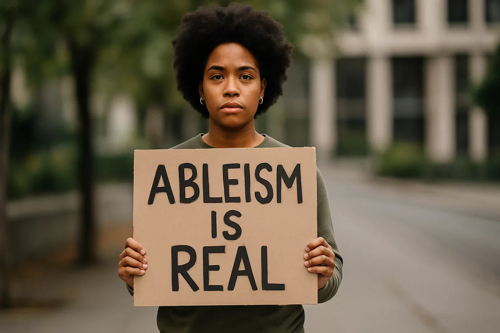 A young activist holding a protest sign that says “Ableism is real,” highlighting the impact of ableist slurs and advocating for disability inclusion.