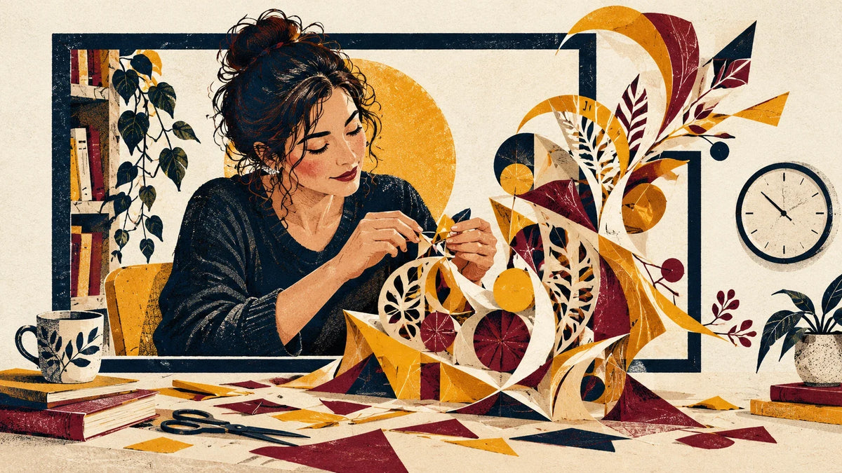 Illustration of a woman absorbed in a paper construction that extends beyond a rectangular frame, with a clock nearby.