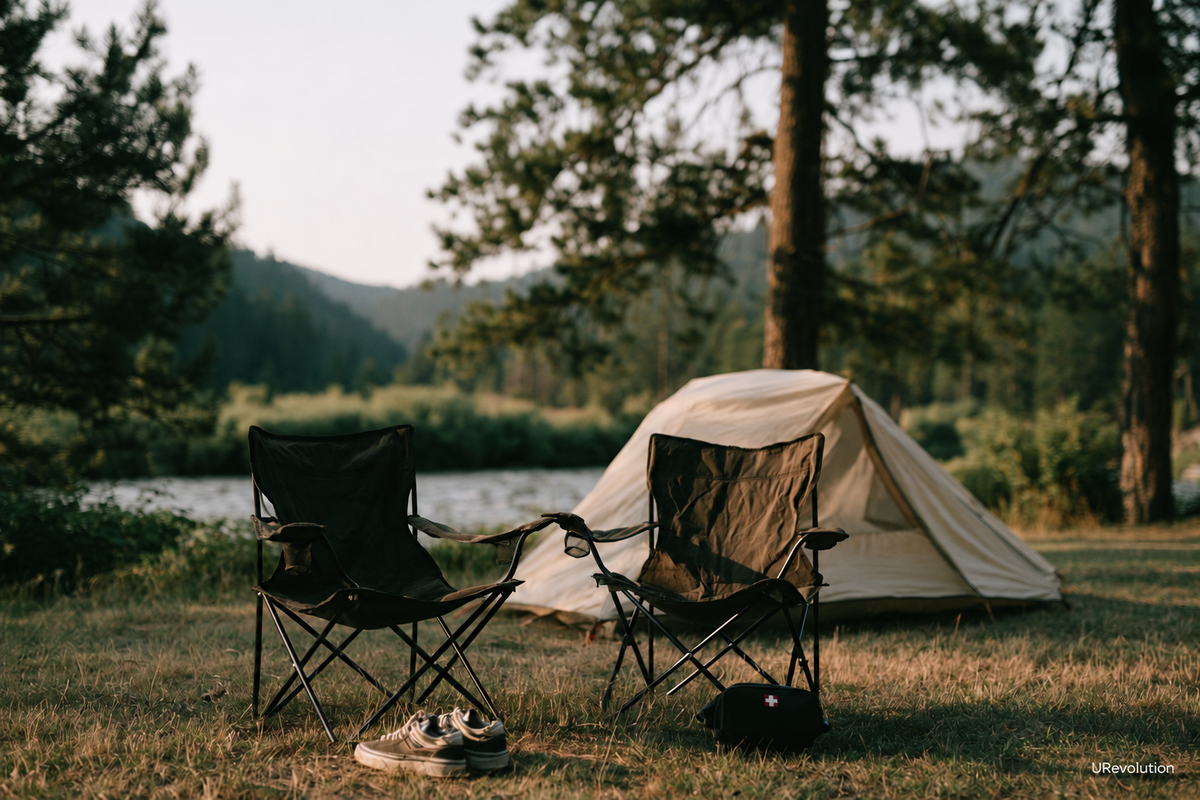 Two empty camping chairs beside a tent, shoes and a first-aid pouch by a river at dusk.