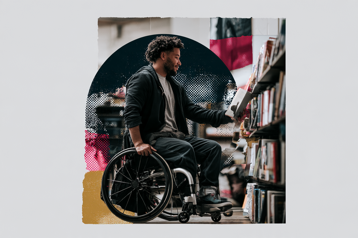 Editorial collage of a person using a wheelchair while browsing books in a bookshop.