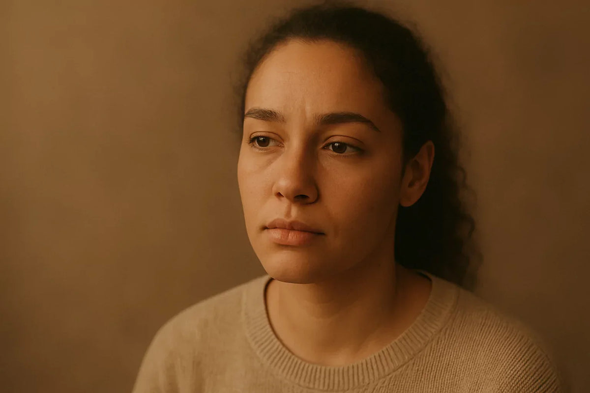 Woman in a beige sweater looking away from the camera in warm light.