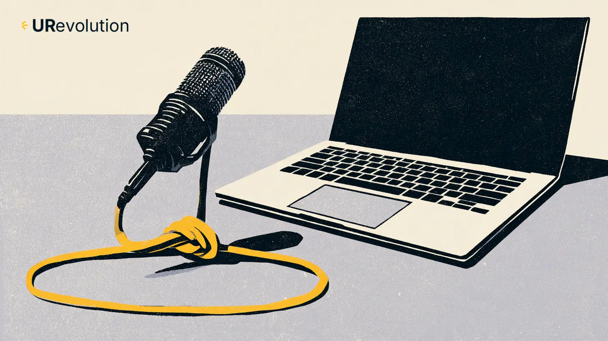 Editorial illustration of a microphone with a knotted yellow cable beside an open laptop.