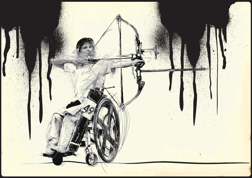 Archery and the road to the 2024 Paris Paralympics: a hand drawn picture of a disabled archer in a wheelchair set against a wall with black spray paint marks.