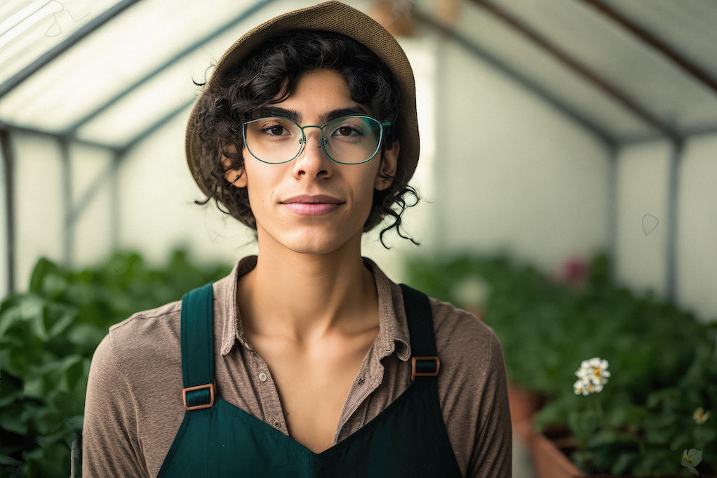 ARFID recovery stories. A AI-genrated portrait of a cheerful non binary person with box of flowers working in greenhouse.