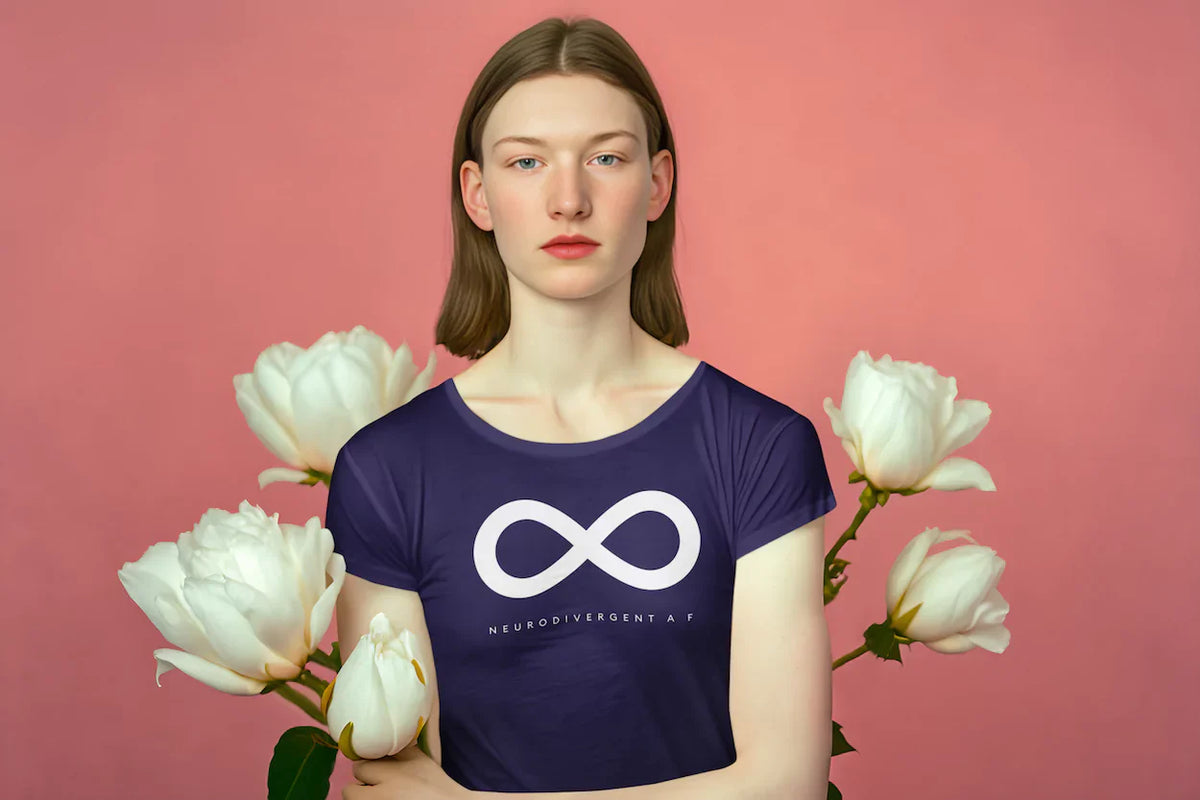 Woman wearing a purple 'Neurodivergent AF' t-shirt, representing autism and selective mutism awareness with pride.