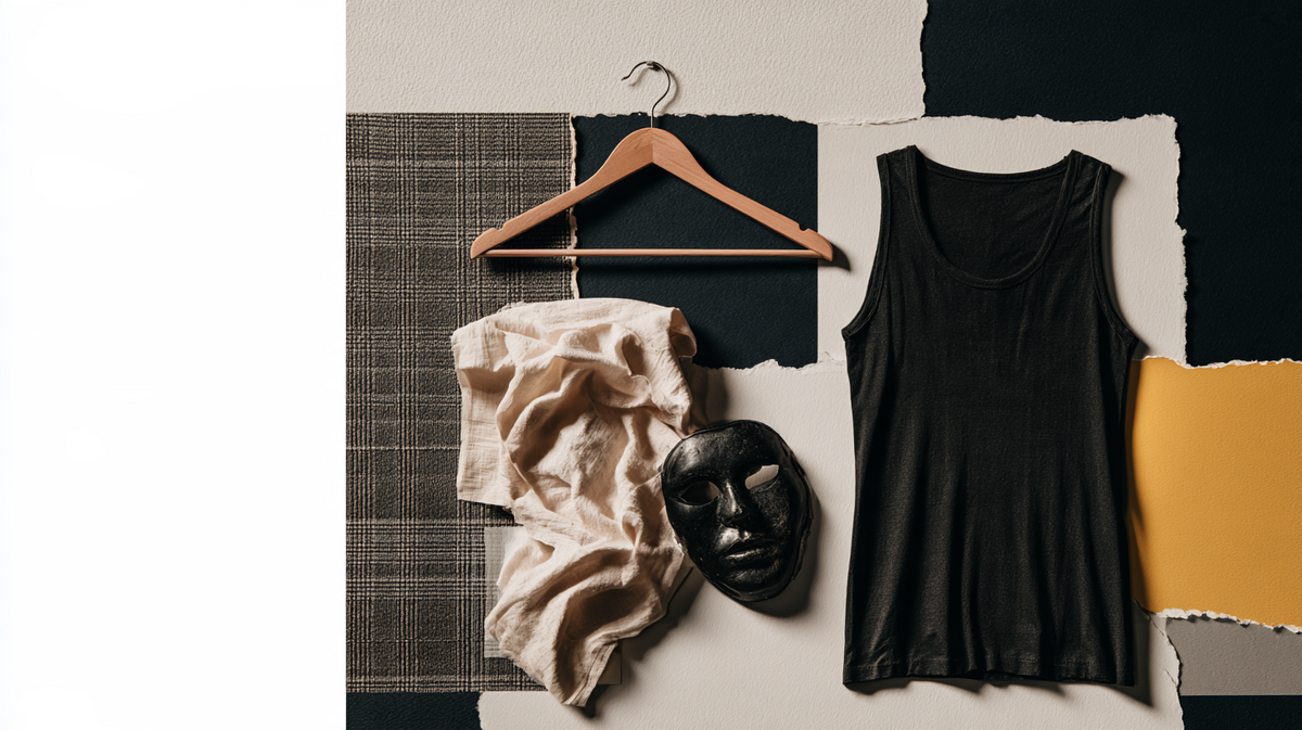 Cut-paper collage of an empty wooden hanger, pale fabric, a black mask and a black sleeveless top.