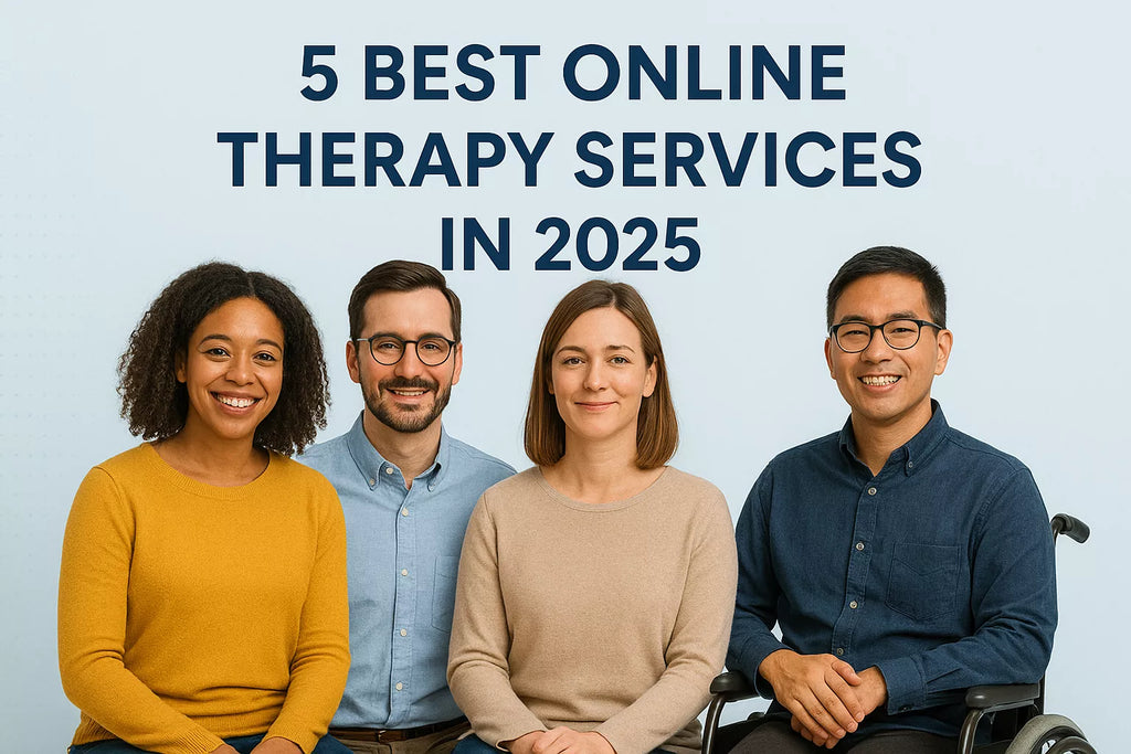 Four diverse adults, including one wheelchair user, smiling together below the title '5 Best Online Therapy Services in 2025' in a 3:2 promotional image.