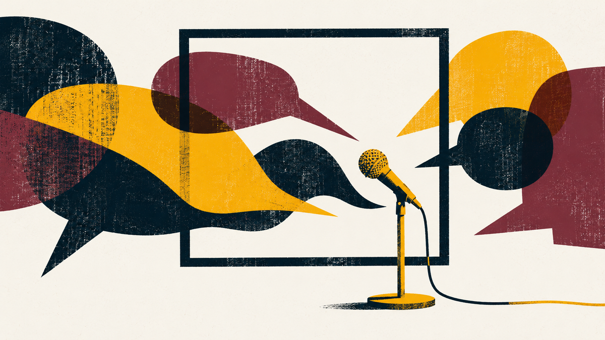 Abstract speech bubbles cross an open dark frame around a yellow microphone.