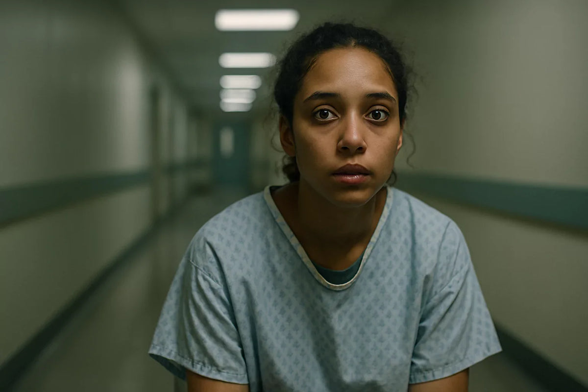 A woman in a hospital hallway with a distant bipolar stare.