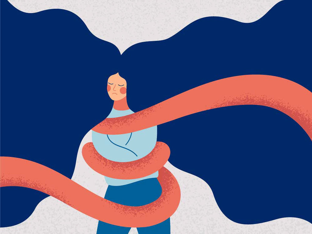 Graphic illustration of a person with massive blue hair with thick orange rope restraining their body. They think to themselves: 