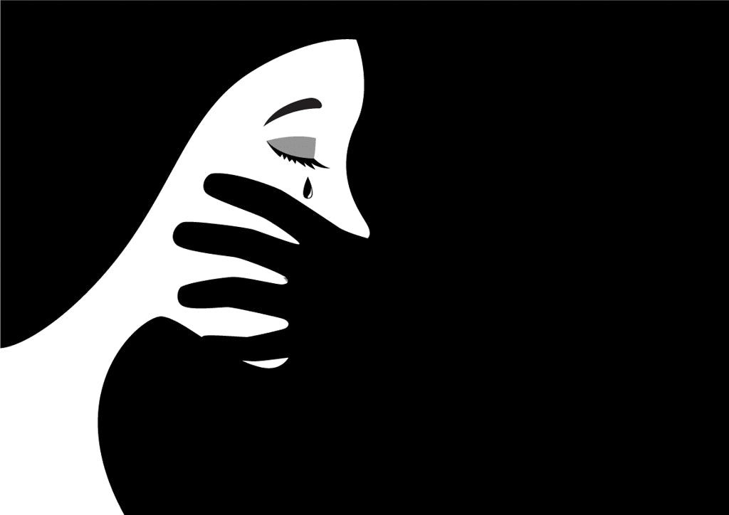Photo for article: signs you may have an anxiety disorder. Black and white illustration shows a hand covering a woman's mouth. She sheds a single tear.