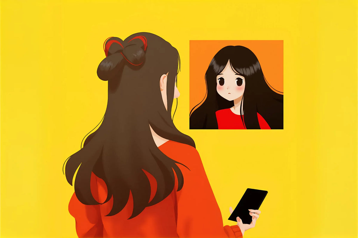 Illustration of a woman holding a phone beside a framed portrait, against a yellow background.