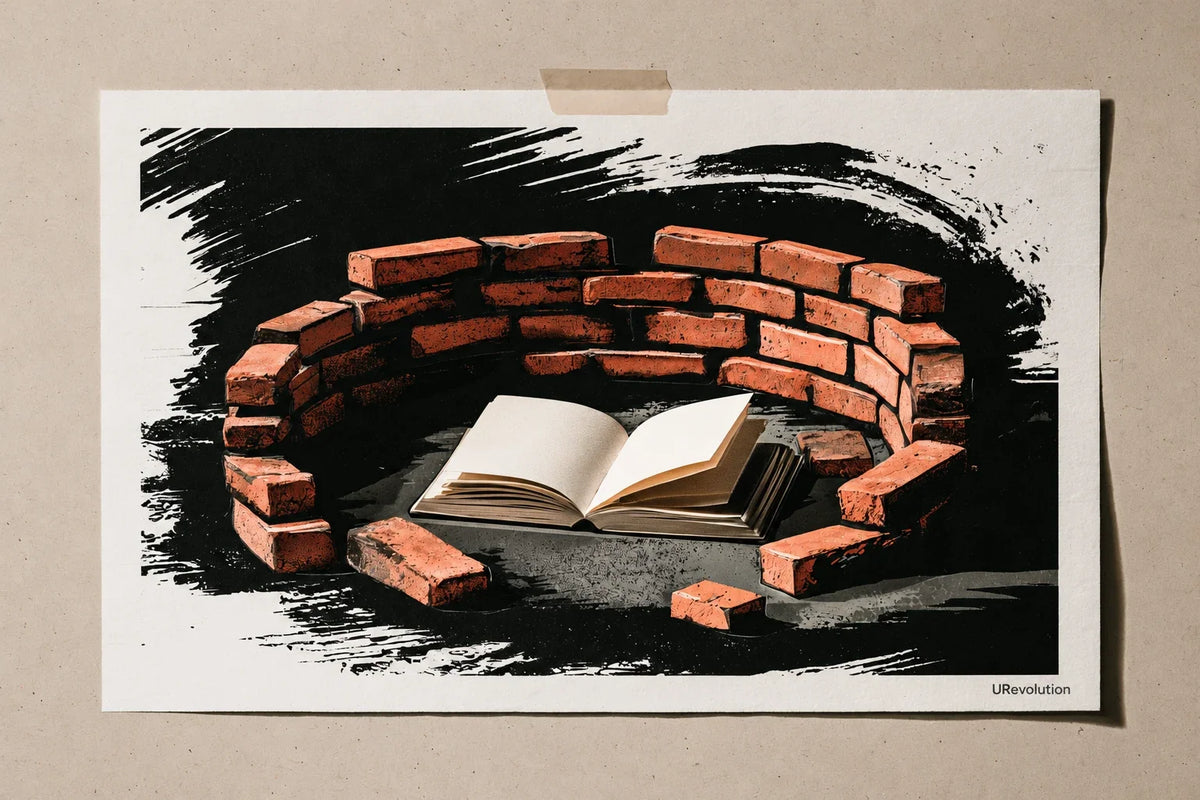 An open blank book surrounded by a low circular wall of terracotta bricks.