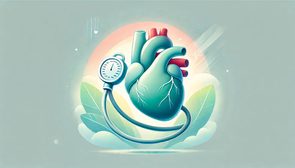 A soothing medical illustration of a human heart wrapped in a blood pressure cuff, set against a soft, calming background with gentle colors.