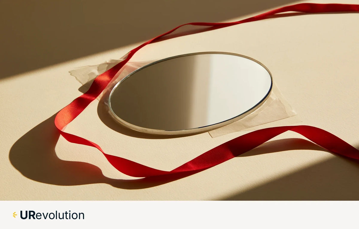 An oval mirror surrounded by a flowing red ribbon on a cream surface in warm sunlight.