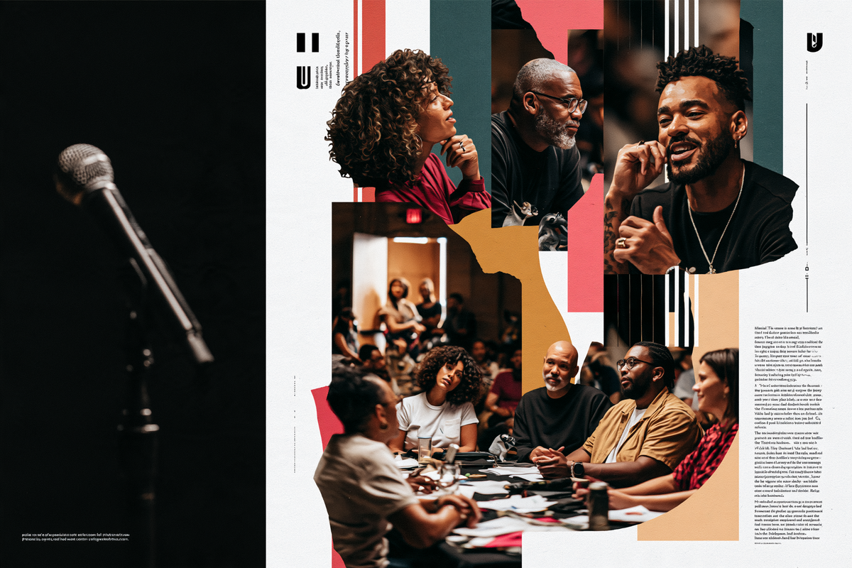 Editorial collage of a microphone beside portraits and people talking around a table.