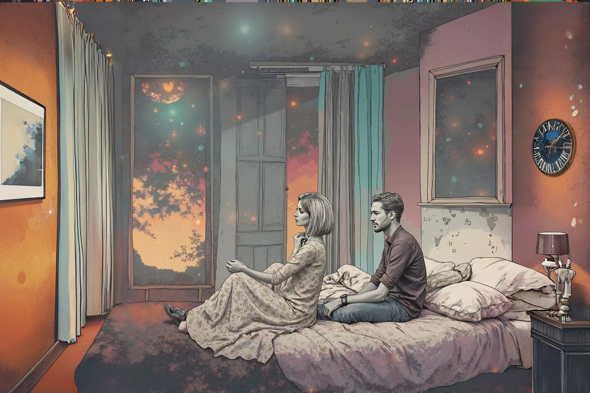 Illustration of a couple sitting side by side on a bed in a dim bedroom